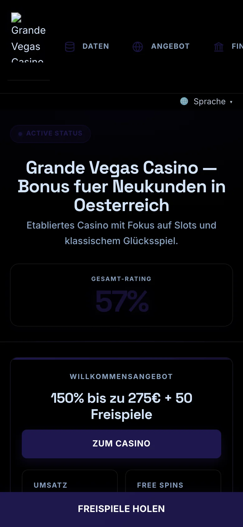 Grande Vegas Casino mobile lobby screenshot