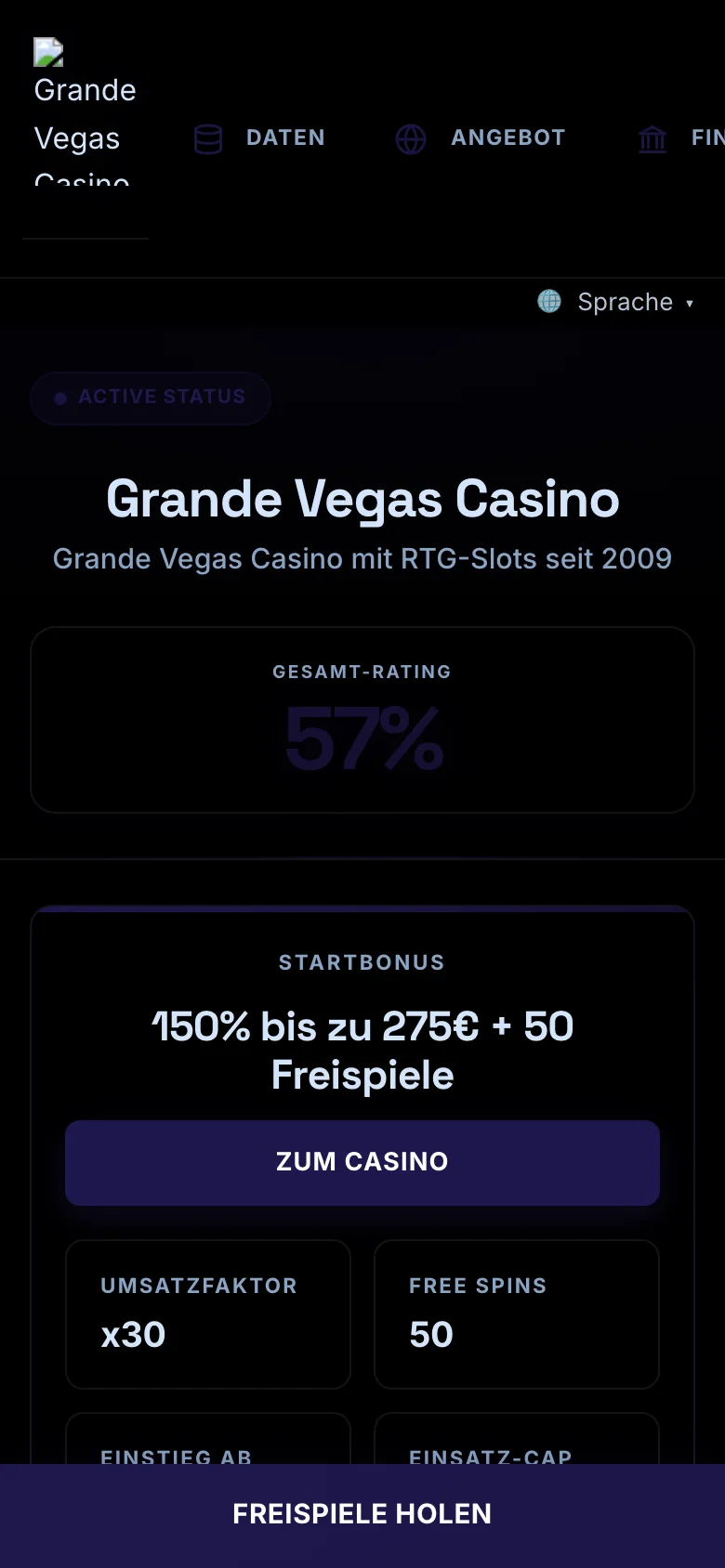 Grande Vegas Casino mobile lobby screenshot