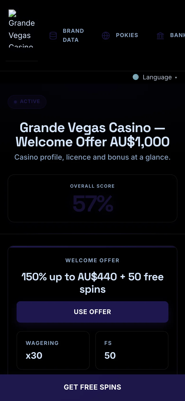 Grande Vegas Casino mobile lobby screenshot