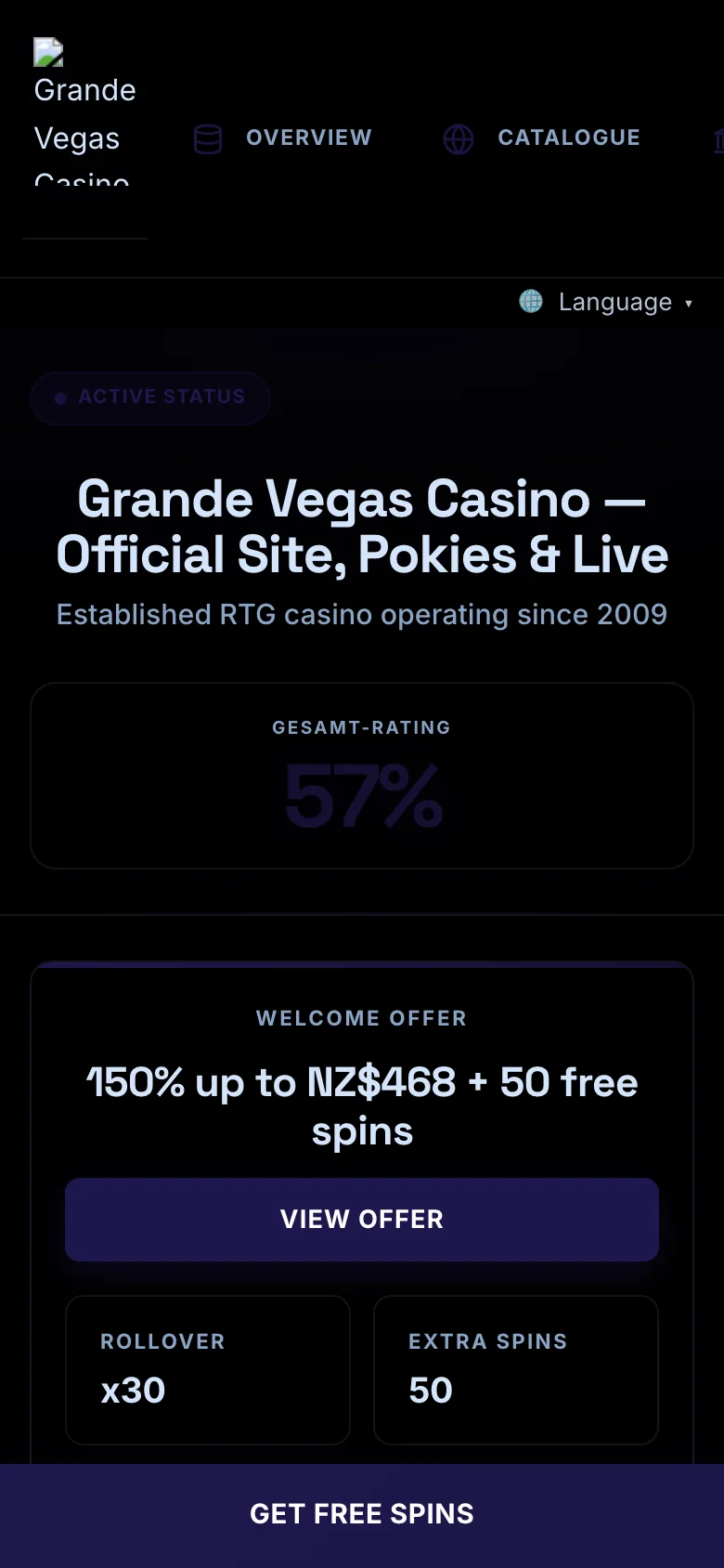 Grande Vegas Casino mobile lobby screenshot