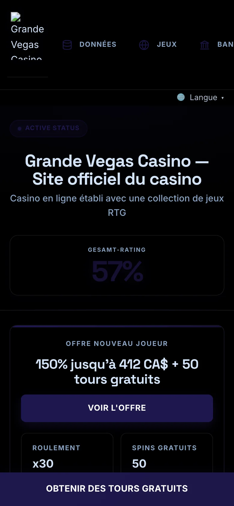 Grande Vegas Casino mobile lobby screenshot